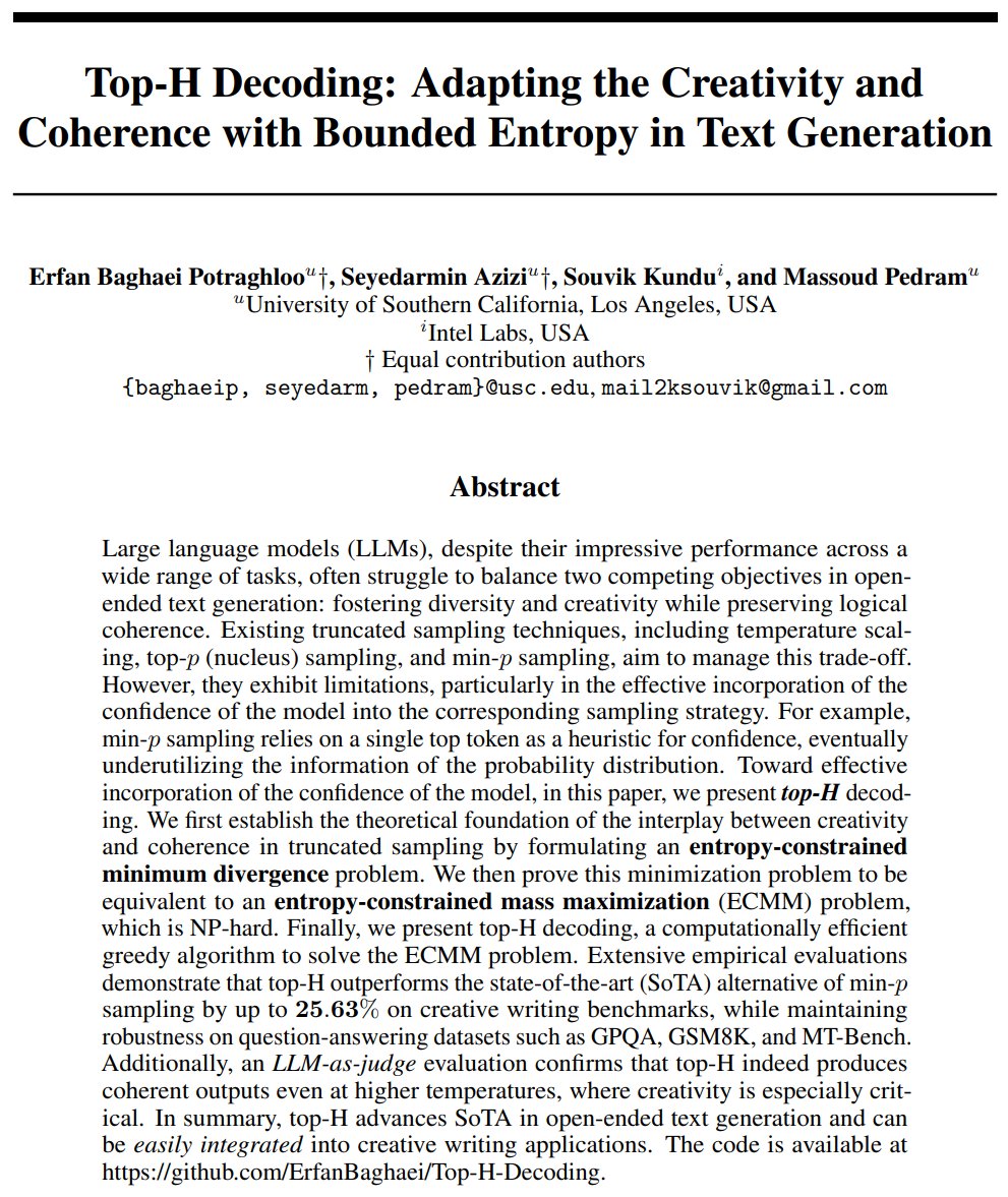 #NeurIPS2025 
We had been working towards a new sampling method for LLMs autoregressive token generation, particularly to **push the boundary of** creativity-coherence balance!!

Happy to get some initial success that we published as a paper here, in our recently accepted