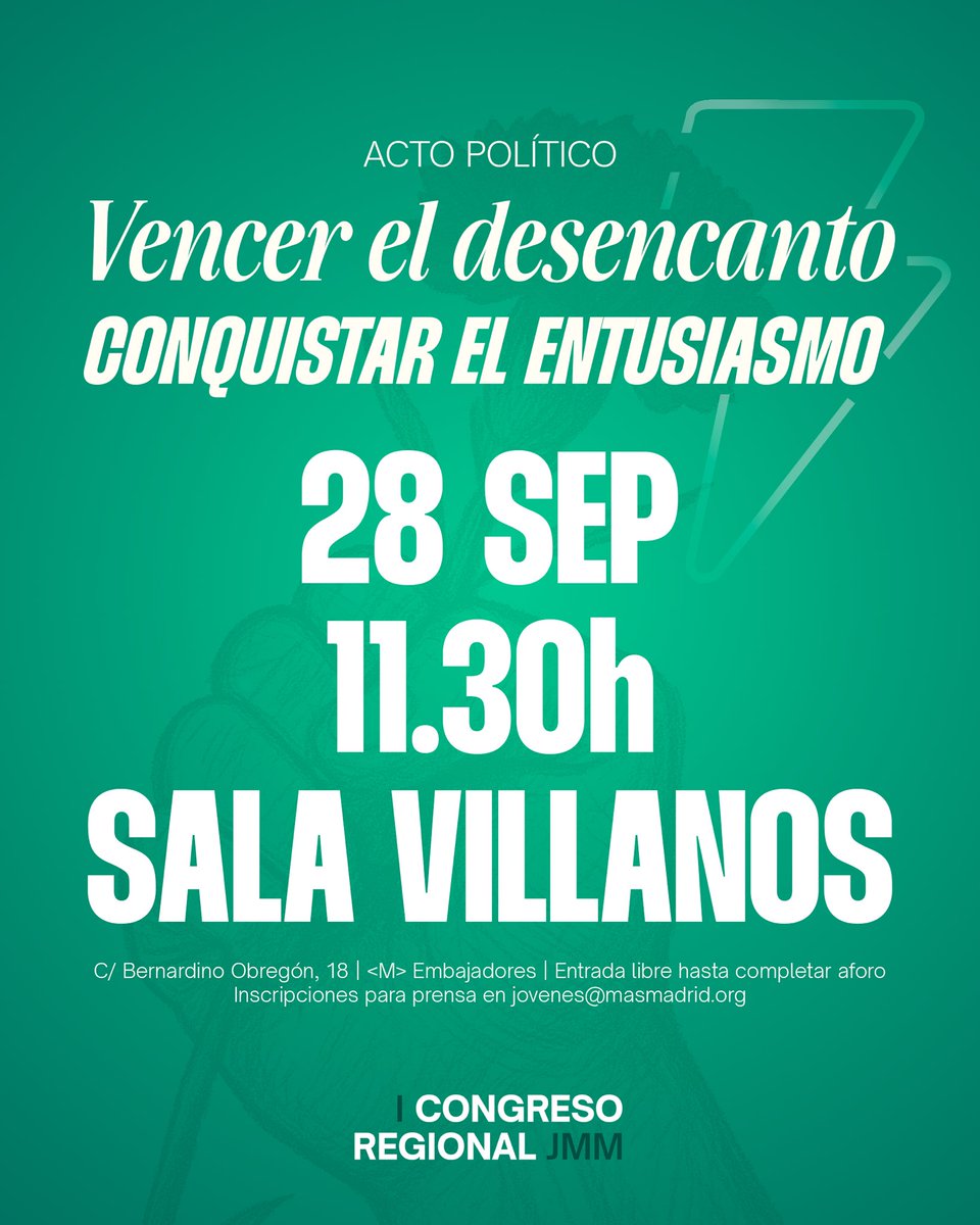 El 28 de septiembre tenemos una cita:
📍 Sala Villanos
🕚 11:30h

Ven y forma parte del acto político en el I Congreso Regional de Jóvenes Más Madrid.
Entrada libre hasta completar aforo.