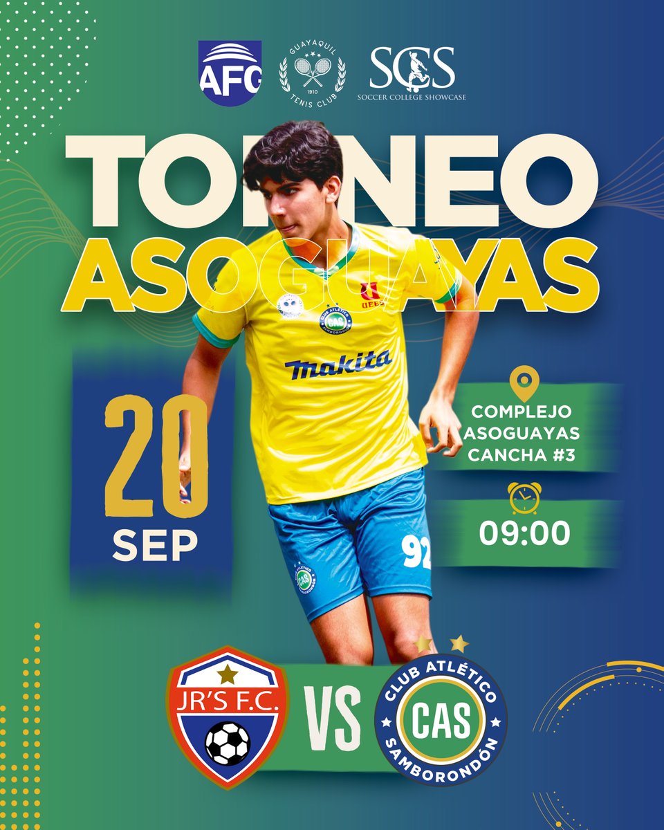 ⚡ Nueva batalla en la cancha
CAS Sub 16 se mide frente a Junior’s F.C. en una nueva jornada del Torneo AsoGuayas, con la mira puesta en demostrar su juego y garra en la cancha.💙

📍 Complejo AsoGuayas | 🏟️ Cancha #3
🔹 CAS vs Junior's F.C.
🗓️ Sábado 20 de septiembre | 🕘 09:00
