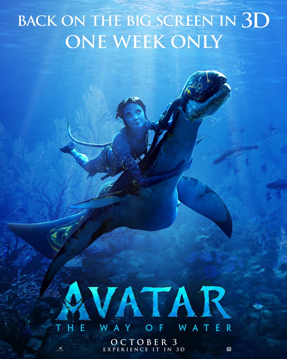 Avatar: The Way of Water is back on the big screen in 3D for one week only. Get tickets now and experience it in theatres October 3rd.