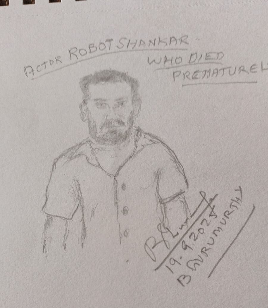 BgmMdu1932's tweet photo. RIP @realRoboshankar . You will be missed. 

My rough sketch of this day. 

#RoboShankar #RoboShankarRIP @IndrajaSankar17 https://t.co/AMWANvtP07