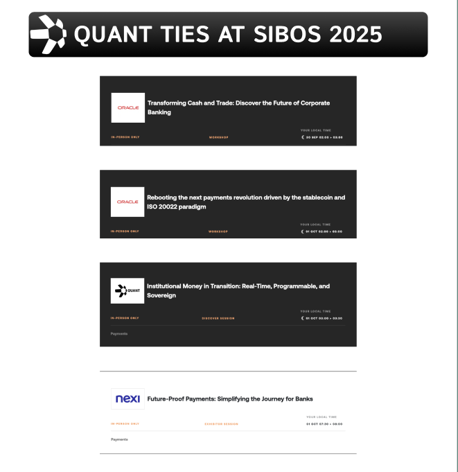 Tokenicer's tweet photo. Couple exciting events at SIBOS 2025 to keep an eye on for the $QNT community

ORACLE- Transform cash & trade in corporate banks

ORACLE- Preparing for ISO20022 & stablecoins

(Oracle Blockchain = Overledger)

QUANT = Real-Time, Programmable Money

NEXI = Future Proof Payments

(Nexi/SIA Blockchain uses Overledger)

It's quite interesting that Quant appears to be one of the only Discovery members who have their own panel.

And the theme around programmable money?

Not only is it a perfect fit for what Quant's been doing.

But it fits the innovation and schemes of the current world of finance as we're seeing the evolution of money all around.