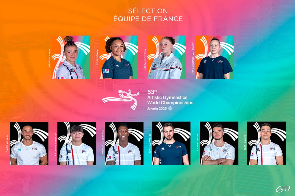 ffgymnastique's tweet photo. [GAM/GAF - Championnat du monde] 📍Jakarta (INA) 🇮🇩
🌍 Direction Jakarta ! 
Voici les gymnastes qui représenteront la France aux Championnats du monde de gymnastique artistique 2025 🇫🇷 https://t.co/T5eQs8m09u