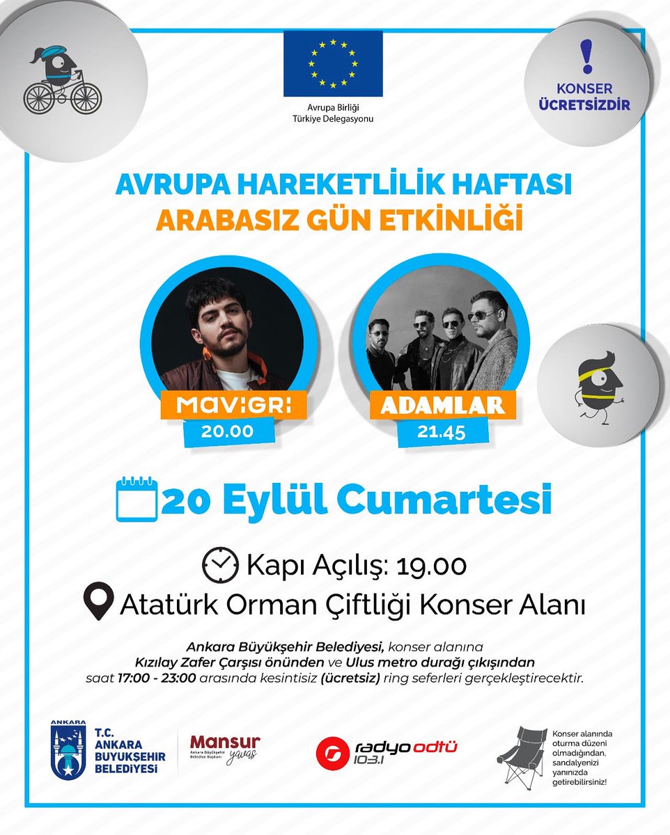 Ankara, hazır ol! Unutulmaz #ArabasızGün konserine sadece 1 gün kaldı!
Yarın <a href="/mavigrimusic/">Mavi Gri</a> ve <a href="/theadamlar/">Adamlar</a>’ın canlı performanslarıyla #ArabasızGün kutlamasında buluşuyoruz.
<a href="/ankarabbld/">Ankara Büyükşehir</a> konser alanına ücretsiz ulaşım sağlayacak. Siz de arabanızı evde bırakın,müziğin keyfini çıkarın