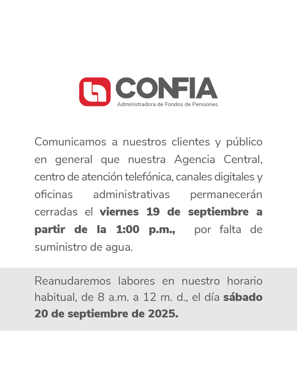 Te compartimos información importante sobre nuestra atención este viernes 19 de septiembre. 💧
