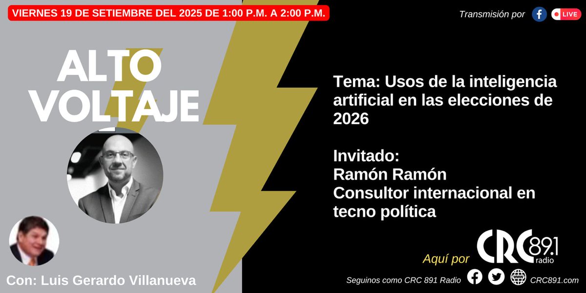 En 2 horas estaré en el programa Alto Voltaje por CRC 89.1 Radio, conversando #CampañasElectorales, el uso de la inteligencia artificial #IA y el panorama político rumbo a las elecciones en #CostaRica2026.
#ComunicaciónPolítica   #CampañasElectorales