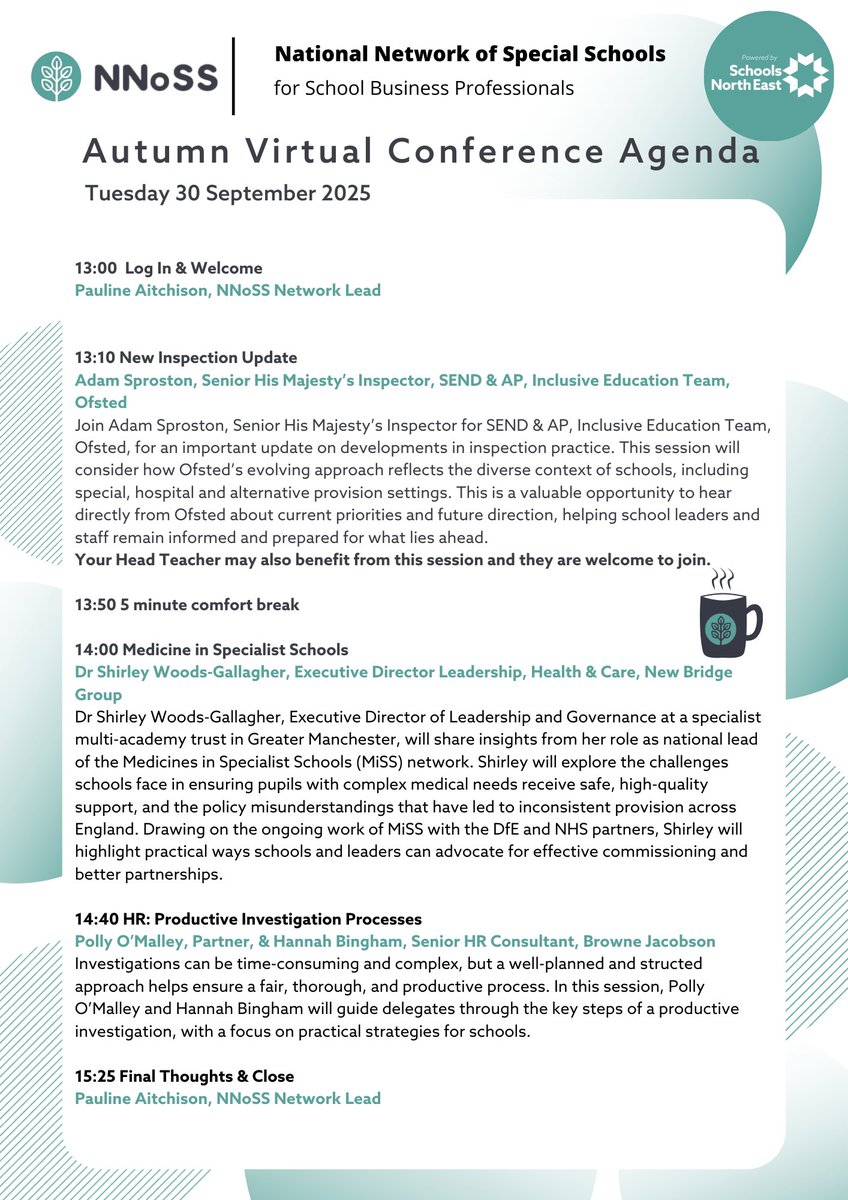 Kickstart the academic year with NNoSS!

View the FULL AGENDA for our first virtual conference of 25/26 here: canva.com/design/DAGx1gy…

Free for NNoSS members and it takes place online via Zoom, so you can join from anywhere!

Book now: nnoss.co.uk/upcoming-event…

#SEND #SBPs