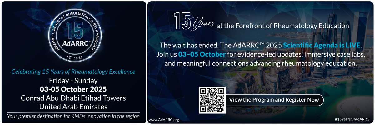 adarrc's tweet image. It’s official: the AdARRC 2025 Scientific Agenda is live.
Join us this 03–05 October for our Crystal Anniversary edition.

#AdARRC2025 #15YearsofAdARRC #Rheumatology