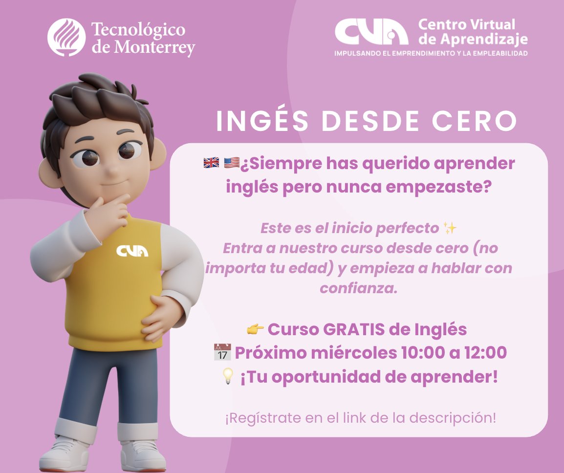 virtual_centro's tweet photo. ¡Inscríbete ya!
Inglés desde cero
Formulario de registro: https://t.co/oWc8tCBUe4
#tecdemty #aprendizaje #IngLearnEnglishReview #English #inglés #cursosgratis #gratis #cva https://t.co/6PqLlUqKvc