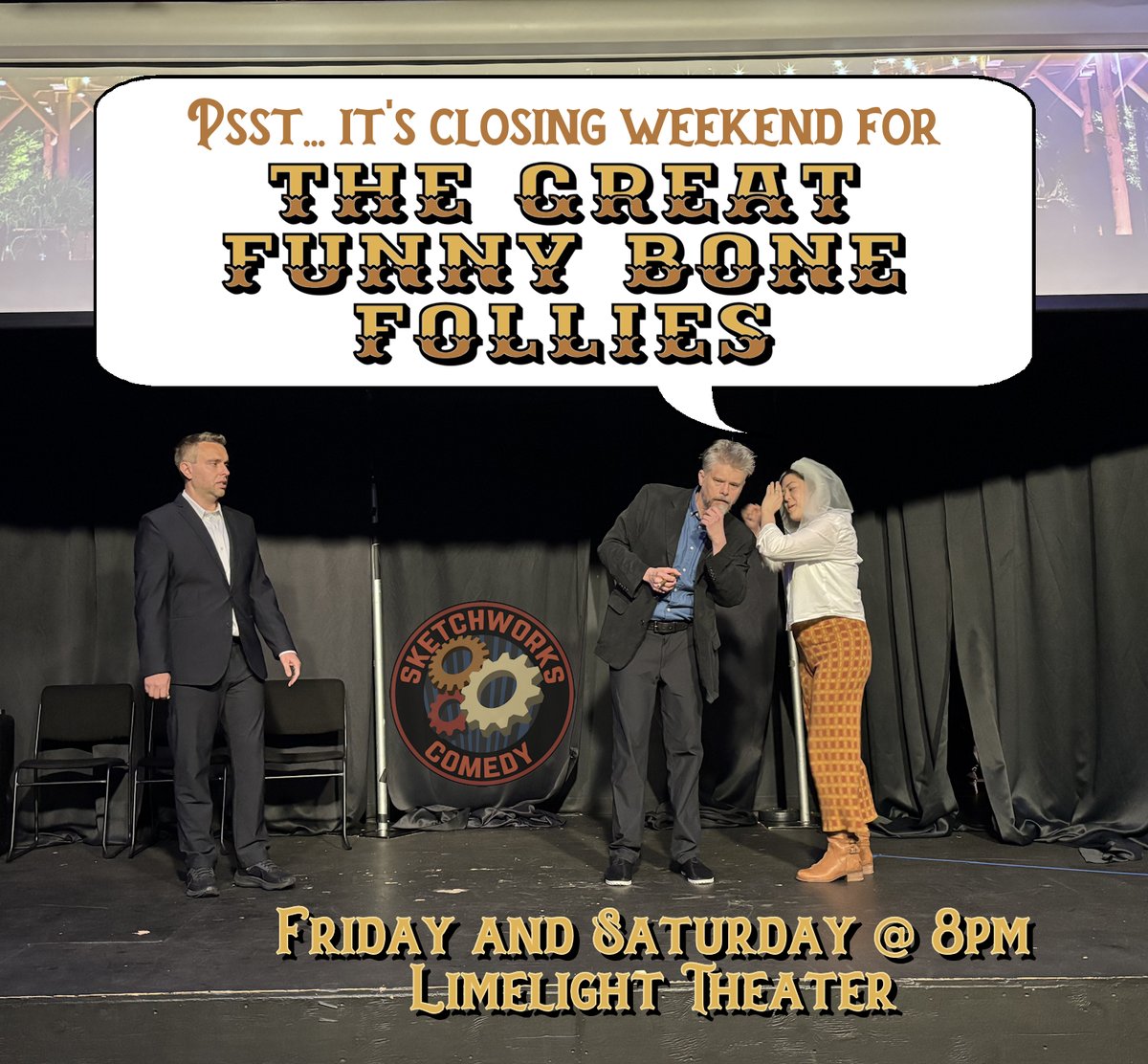 Spread the word! There are only 2️⃣ performances left of The Great Funny Bone Follies! Don't be left out like that poor sap on the left. Get your tix at sketchworkscomedy.com and use code lastchance (all lowercase) for a discount. Join the circus before it leaves town!