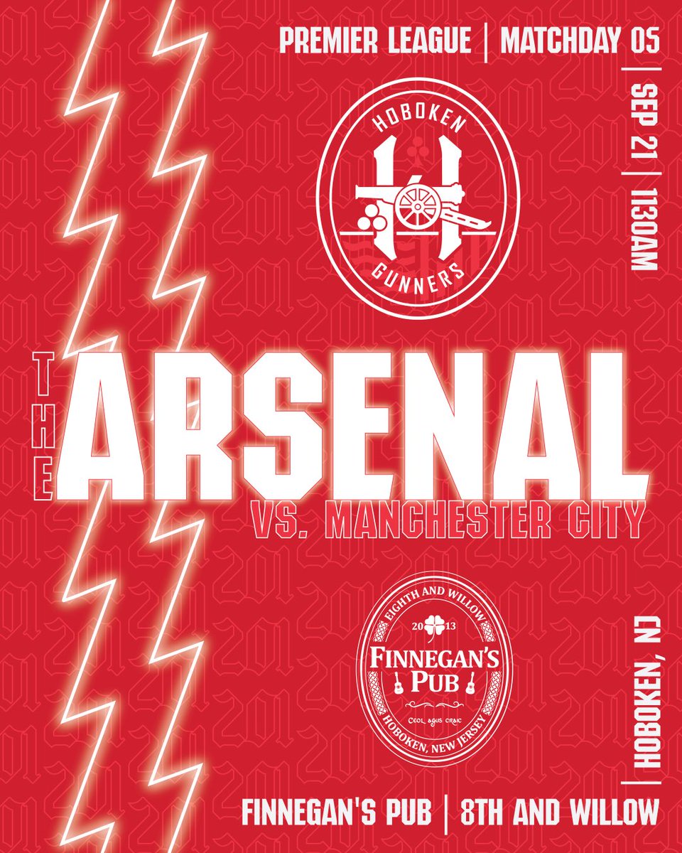 Manchester City at home. This Fixture never disappoints. Looking to keep momentum going! 
As always <a href="/Finnegans_Pub/">Finnegan's Pub</a> is the place to be ! 1130 kickoff, doors open at 10!! 
<a href="/Arsenal/">Arsenal</a> <a href="/ArsenalNYC/">Arsenal NYC</a> <a href="/CityofHoboken/">City of Hoboken</a> @JerseCity <a href="/njdotcom/">njdotcom</a>
