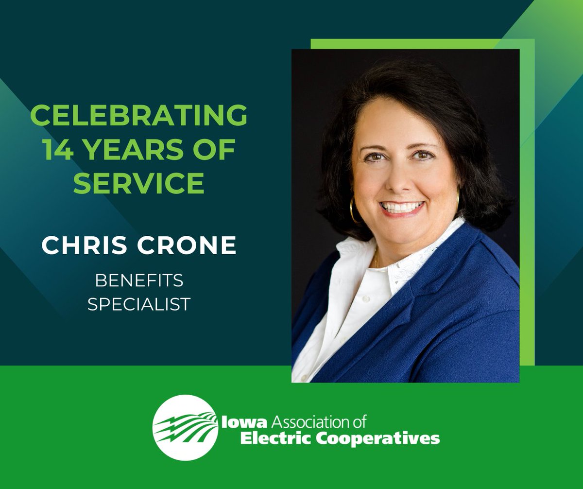 Let's hear it for Chris Crone, who is celebrating 14 years at IAEC! As our benefits specialist, Chris manages employee benefits details for our member co-ops in order to provide superior benefits that attract and retain top talent for Iowa's electric cooperatives.