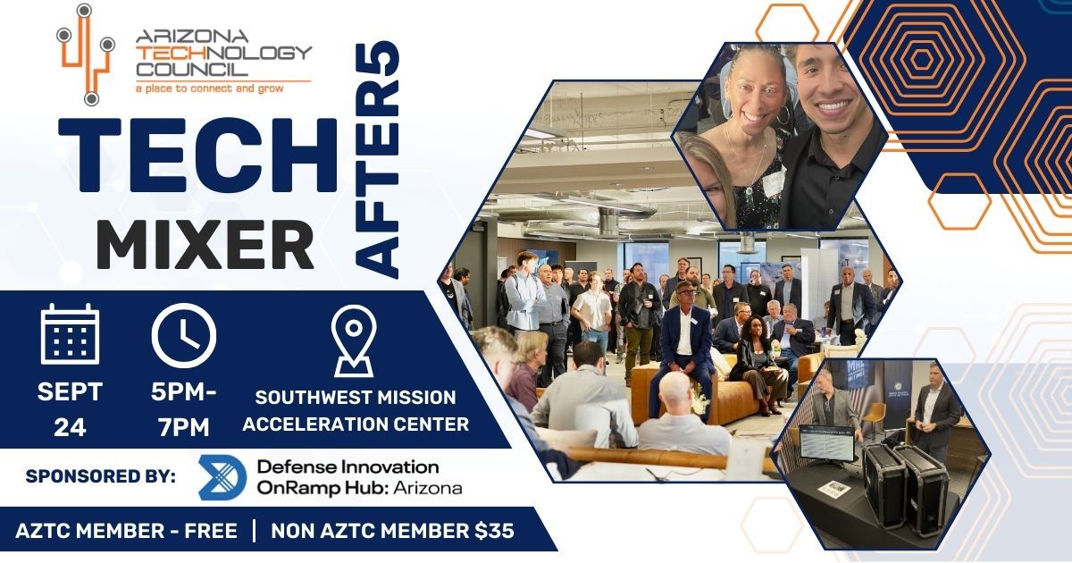 Next week! The AZTC September after5 Tech Mixer is happening Sept. 24 at the Southwest Mission Acceleration Center in downtown Phoenix.

✨ Networking
✨ Food + drinks
✨ Arizona’s brightest tech minds

🔗 Register now: buff.ly/Rh5m4Py