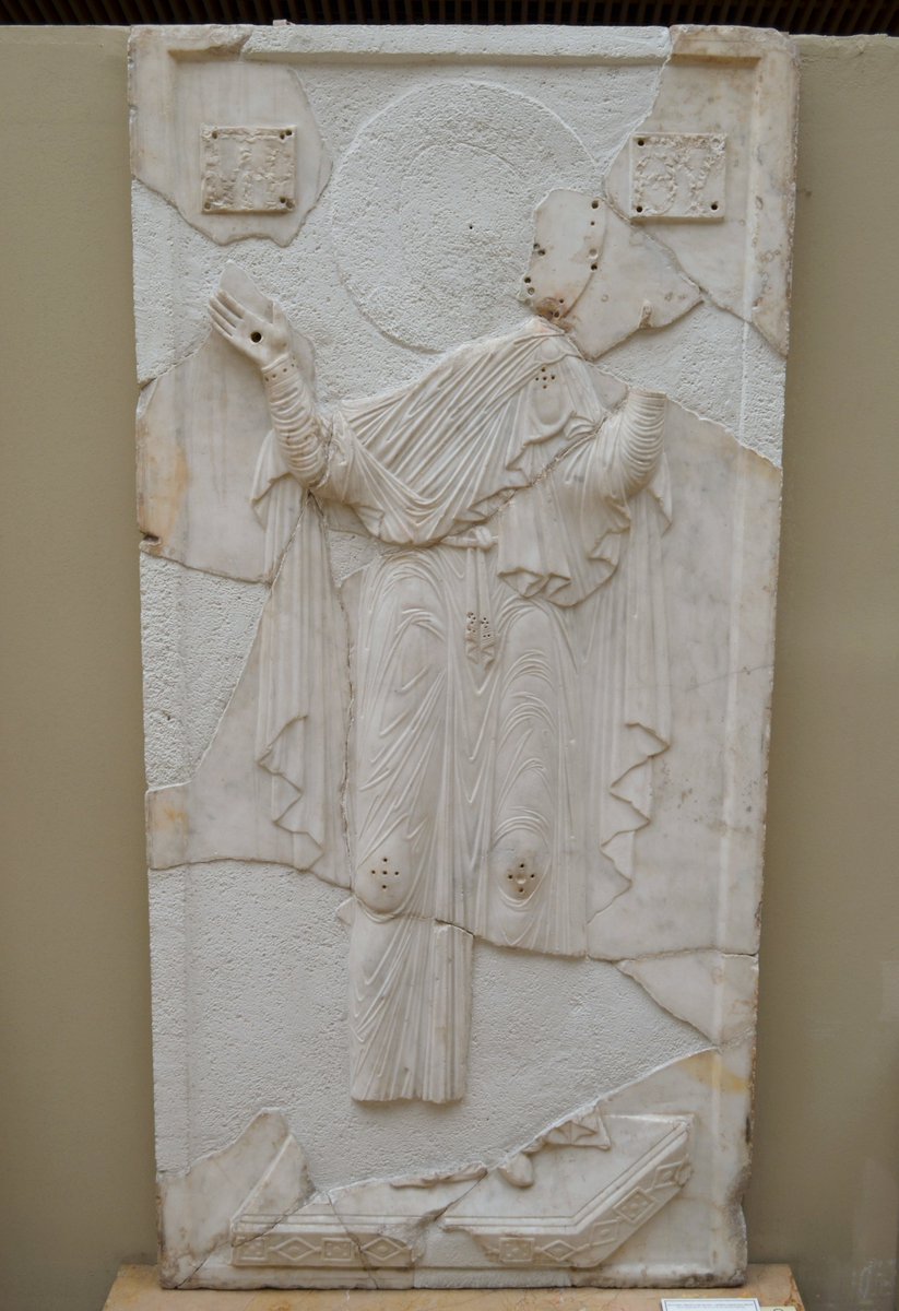 Marble icon with the Orant Virgin
11th century, Mangana (Constantinople)
At the Istanbul Archaeological Museums

Found abandoned in a cistern of the Mangana complex by the Marmara Sea, the marble relief icon depicts the Theotokos (Mother of God) with her arms raised in prayer