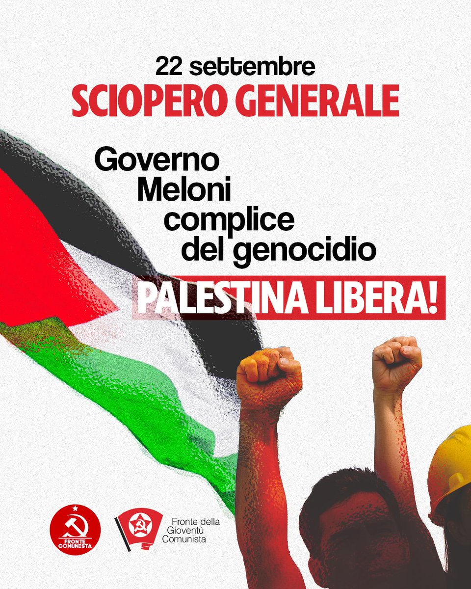 Il 22 settembre #sciopero generale. Con i #lavoratori in prima fila, possiamo assestare un colpo agli interessi dei padroni e al governo che li difende. Occorre rilanciare la lotta nel nostro Paese contro i piani di morte USA, UE, NATO e la complicità del governo Meloni.