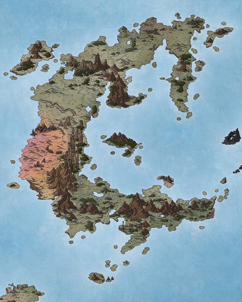 The Eastern continent, home to a great variety of geographical features like this pink sand dune desert, lush forests and curious mountain ranges 

You can find many fantasy maps on my store:
nerdymaps.etsy.com