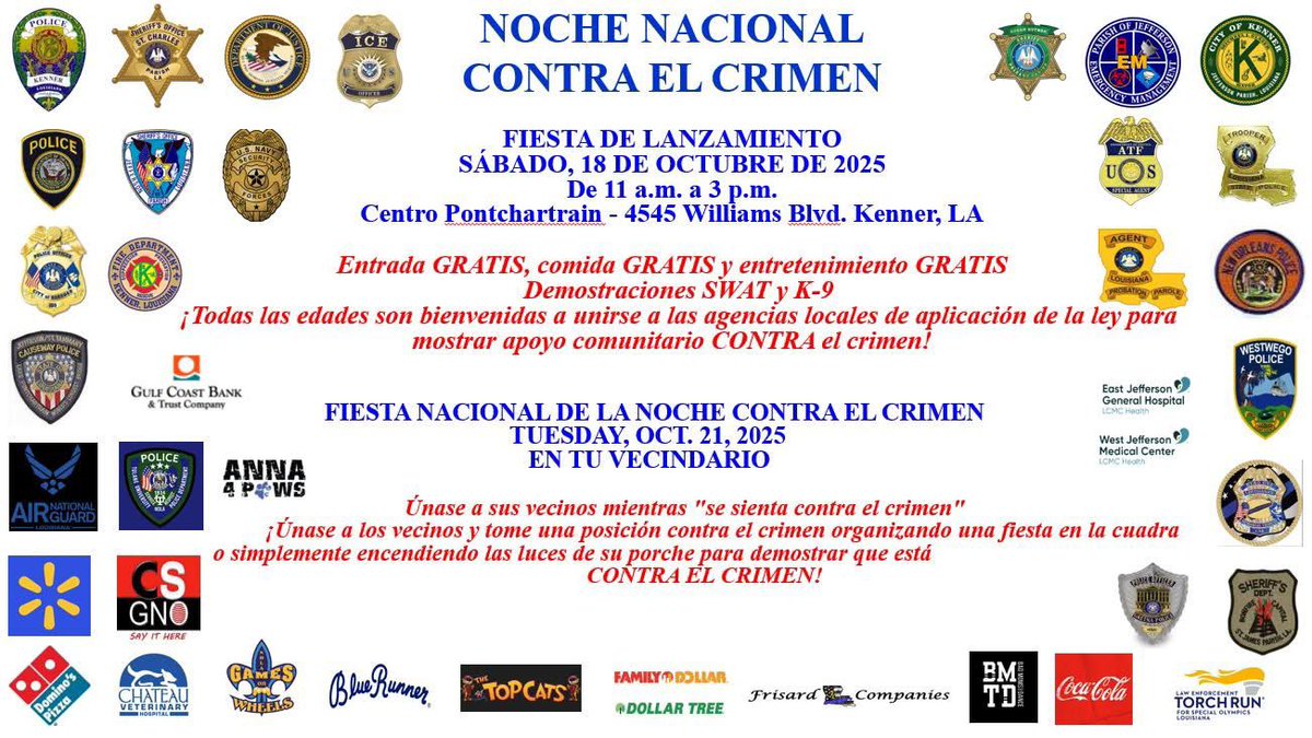 🚨 SAVE THE DATE 🚨
National Night Out Kickoff 🎉
📅 Sat, Oct 18 | 📍 Pontchartrain Center

Then ➡️ Host your block party on Oct 21 &amp; we’ll stop by! 🚓👮‍♀️

👉 Register here: kennerpd.com/nno-registrati…