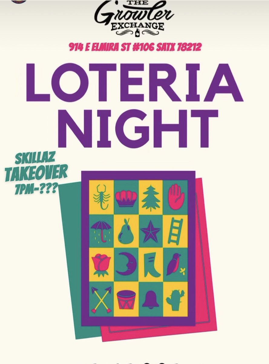 __skillaz's tweet photo. TONIGHT! catch me back on the 1s n 2s mixing it up and linking back up with the The Growler Exchange Midtown fam for LOTERIA NIGHT! Startin 7pm come on down and try some of the Growlers Finest Craft beers along with their Amazing Pizza while getting your Loteria ON! @GrowlerExSA https://t.co/CBzN8Nyc1S