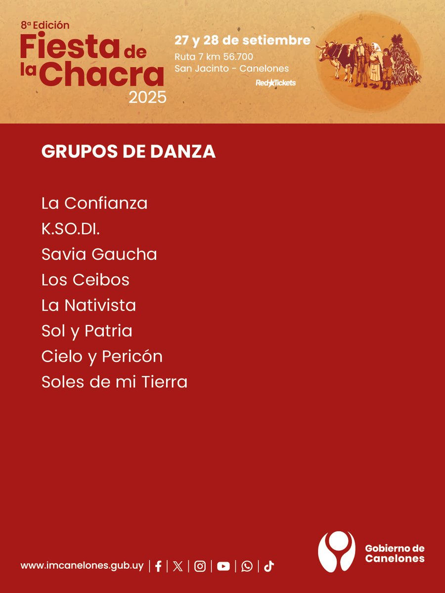 👨‍🌾 8va edición de la Fiesta de la Chacra con mucha música y bailes típicos 💃🕺

Sábado 27 y domingo 28 de set, tres escenarios con tremendos espectáculos.

📍Ruta 7 km 56.700.

🎟Entradas en <a href="/RedTicketsUY/">RedTickets Uruguay</a> 

Canelones avanza con identidad y cultura 💪