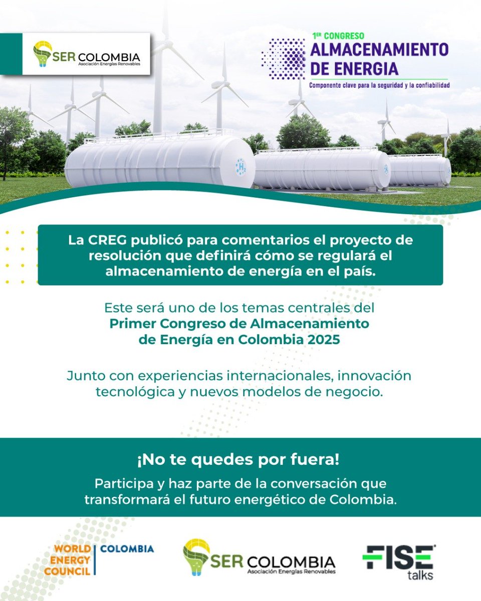 🔔 Grandes noticias

La CREG publicó para comentarios el proyecto de resolución que reglamentará el almacenamiento de energía en Colombia ⚡, un tema que desde SER Colombia hemos impulsado, clave para la resiliencia del sistema 🔋.

Este será un hito central en el Primer Congreso