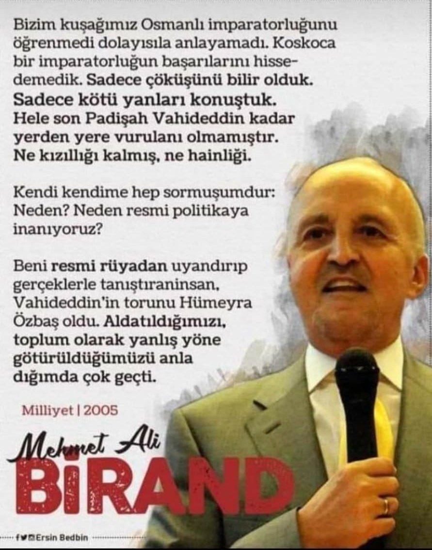 mustafarmagan's tweet photo. Merhum Mehmet Ali Birand'dan tarihi itiraf

"Aldatıldığımızı, toplum olarak yanlış yöne götürüldüğümüzü anladığımda çok geçti."

Milliyet, 5 Mart 2005