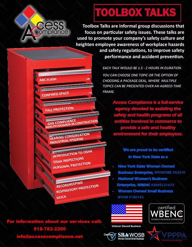 Schedule a Toolbox Talk to Promote Safety!

Toolbox Talks are informal group discussions that focus on particular safety issues. These talks are used to promote your company’s safety culture.

Contact us to go over options!
518-782-2200 ; info@accesscompliance.net