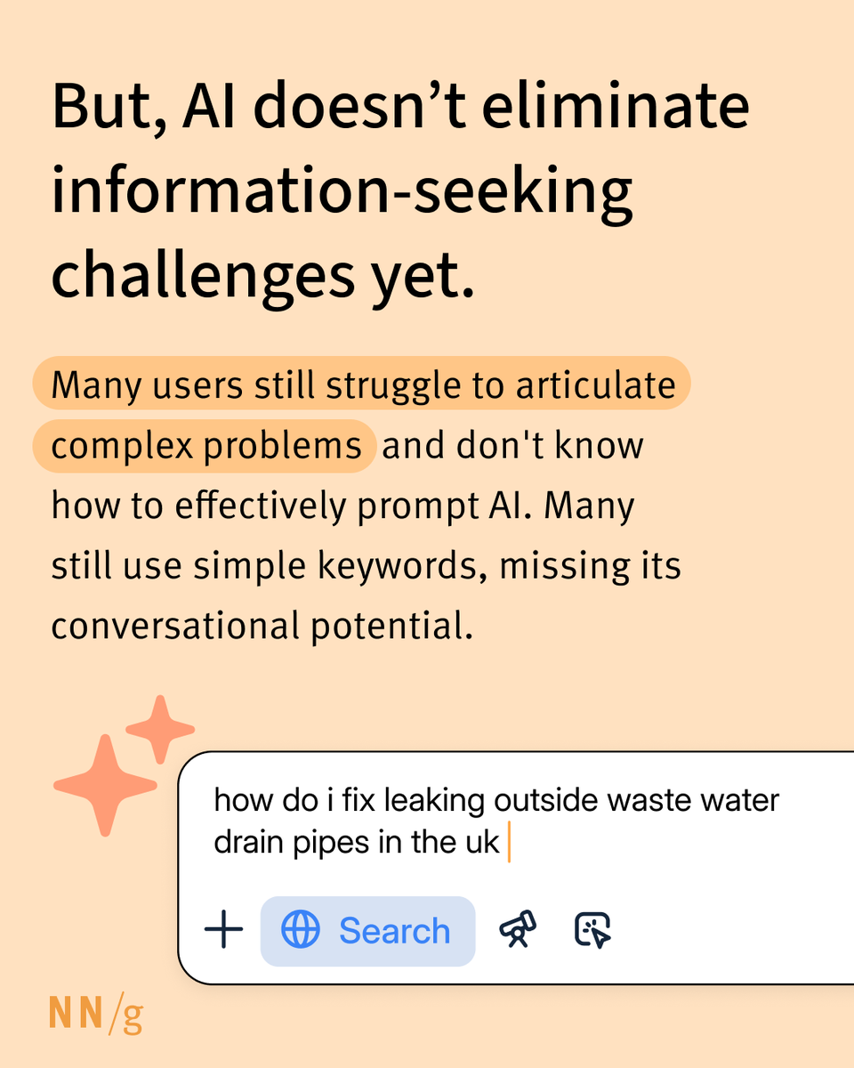 NNgroup's tweet photo. Users often search AI with basic keywords, missing its ability to understand natural language and context. Our research reveals a discoverability barrier—many don't know what AI can do.

Read more
https://t.co/gtZGbVG2Sq

#UX #AI #UserResearch https://t.co/JvU3Ht0KI6