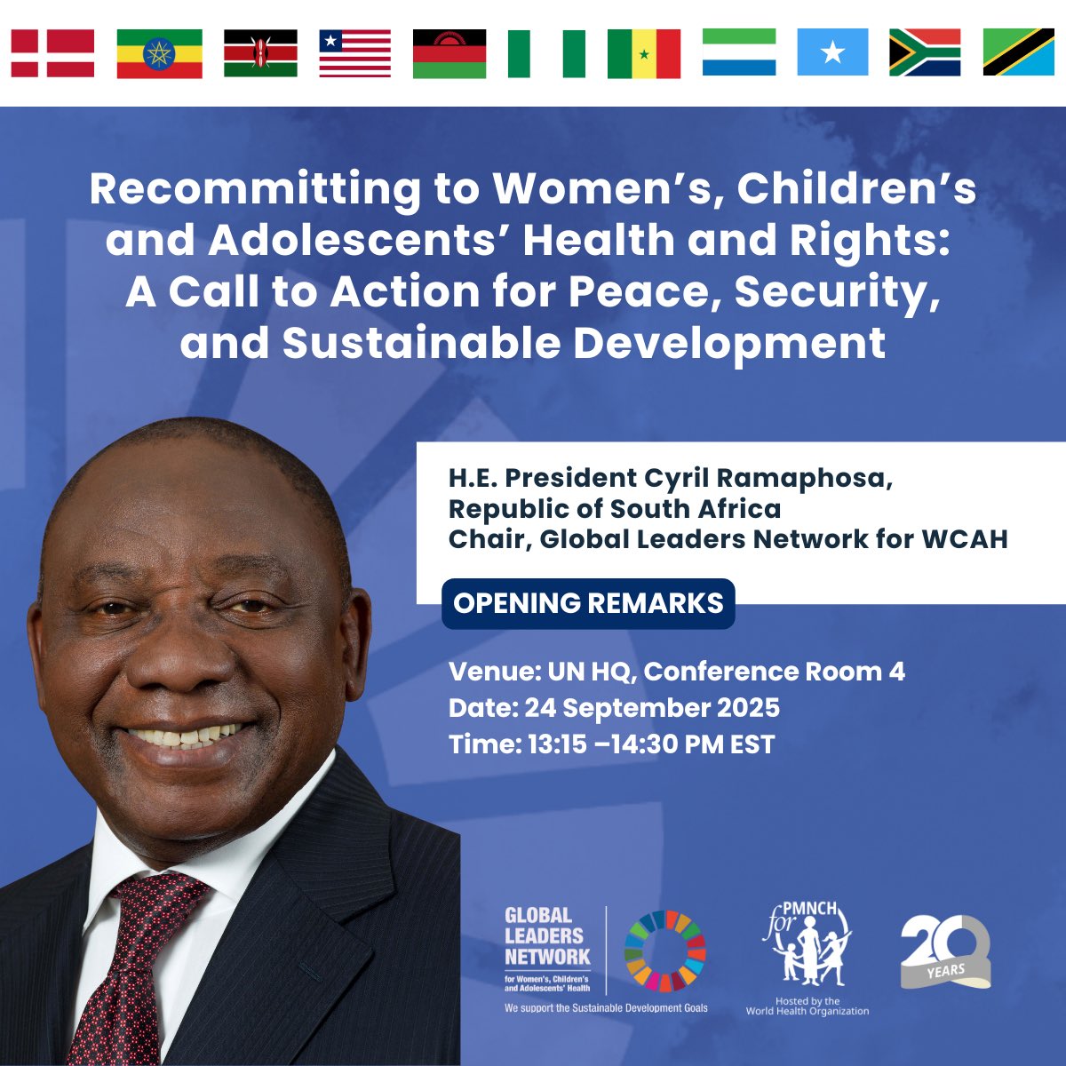 📣 President <a href="/CyrilRamaphosa/">Cyril Ramaphosa 🇿🇦</a> will give the opening remarks at the Global Leaders Network's upcoming high-level event during #UNGA80!

🗓️ 24 Sept 2025
📌 UNHQ | Conf. Room 4
🎟️ Register now to attend in person: pmnchweb.typeform.com/to/ygNet4sa?ut…

#GLNAtUNGA #WCAH
<a href="/PMNCH/">PMNCH</a> <a href="/PresidencyZA/">The Presidency 🇿🇦</a> <a href="/UN/">United Nations</a>