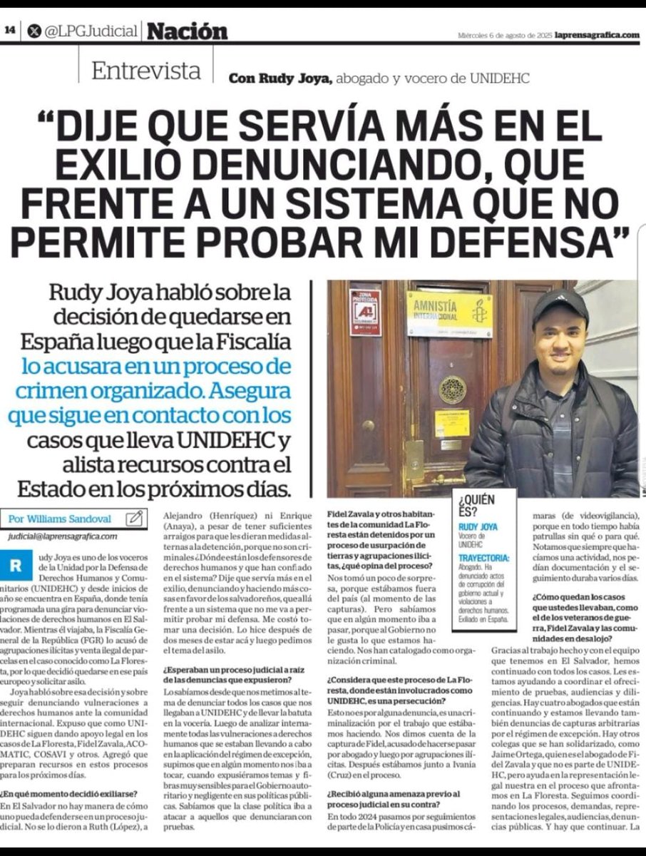 Abogado RUDY JOYA (@joya_rudy) on Twitter photo #DDHH #Exilio Seguimos sin descanso en favor de los derechos humanos. El silencio no es una opciòn. Por eso aunque no le guste al Gobierno Criminal de <a href="/nayibbukele/">Nayib Bukele</a> en El Salvador. Seguiremos defendiendo a las victimas de este Regimen.
<a href="/Unidehc/">UNIDEHC EL SALVADOR</a> <a href="/IvaniaCruz15/">Ivania Cruz</a>
Nota <a href="/prensagrafica/">La Prensa Gráfica</a> #DDHH #Exilio Seguimos sin descanso en favor de los derechos humanos. El silencio no es una opciòn. Por eso aunque no le guste al Gobierno Criminal de <a href="/nayibbukele/">Nayib Bukele</a> en El Salvador. Seguiremos defendiendo a las victimas de este Regimen.
<a href="/Unidehc/">UNIDEHC EL SALVADOR</a> <a href="/IvaniaCruz15/">Ivania Cruz</a>
Nota <a href="/prensagrafica/">La Prensa Gráfica</a>
