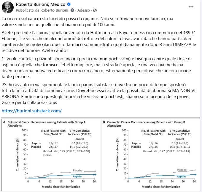 La ricerca più avanzata dà nuova vita a vecchi farmaci. L'aspirina dimezza la recidiva di alcuni tipi di cancro al colon-retto. Alla faccia di Big Pharma. 

burioni.substack.com