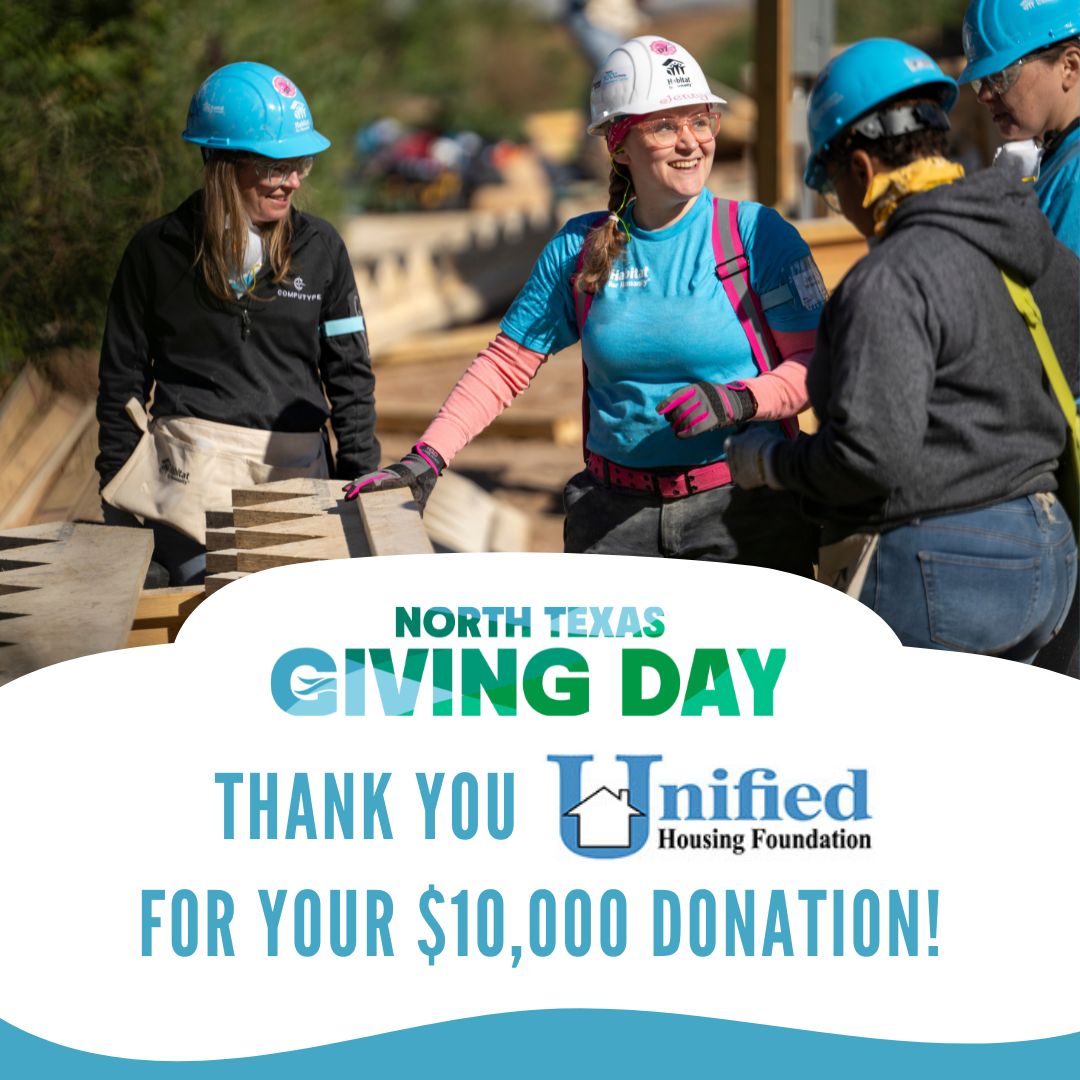 Thank you to Unified Housing Foundation for their generous gift of $10,000 on North Texas Giving Day. It's because of donors like you that our work is possible.

You can still donate here: northtexasgivingday.org/organization/d…

#NTXGD #HopeToHomeownership #StrongerTogether