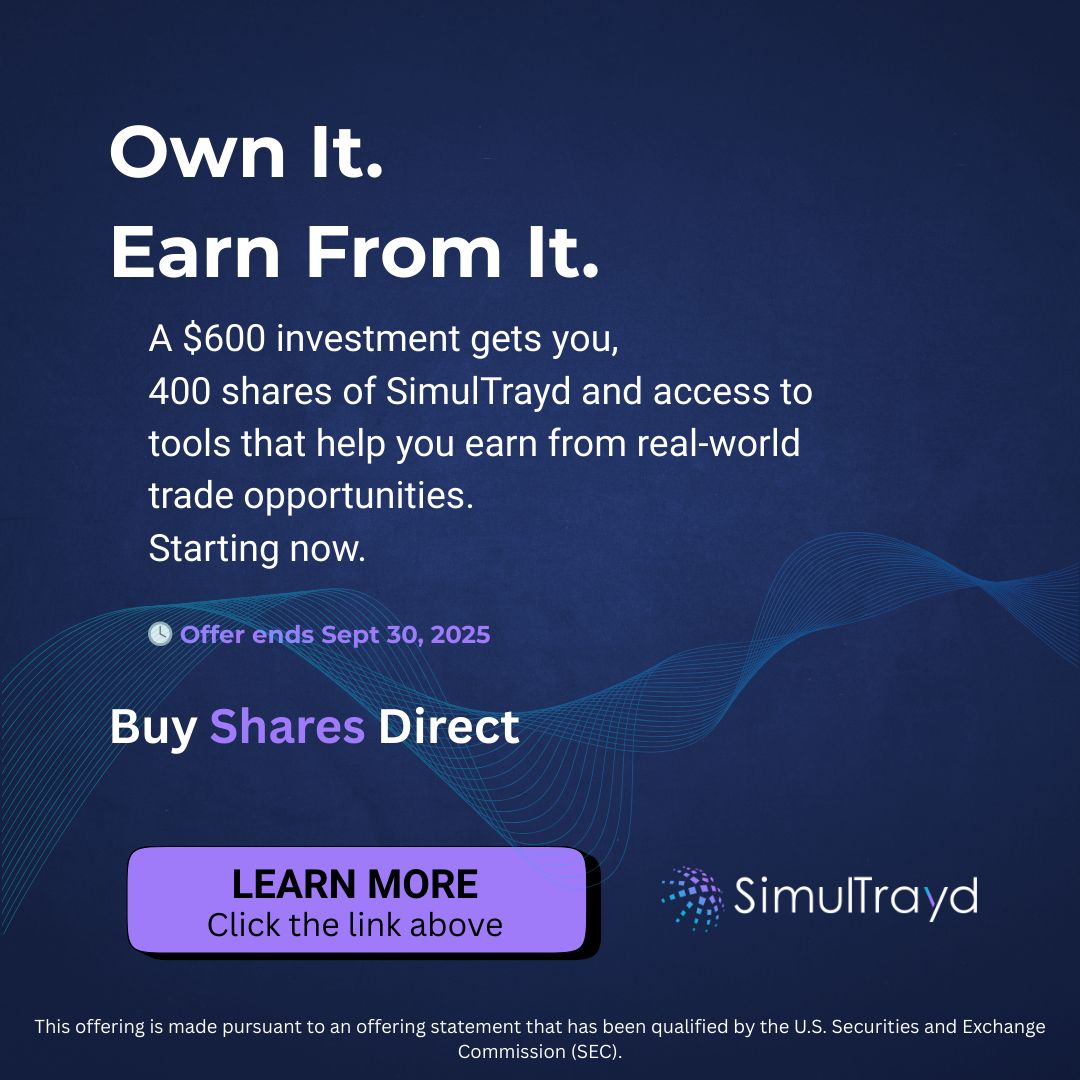 simultrayd's tweet photo. https://t.co/Z81QyqU4Uh 
What if you could own part of a growing company AND generate income from it, without waiting years for a payout?

With SimulTrayd, a $600 investment gets you 400 company shares at $1.50 each and one year of access to our AI platform that helps you facilitate trades worth $3K–$5K profit each. It's the best of both worlds:

 Build long-term equity
 Start earning now as a Trade Facilitator

Offer closes September 30th, 2025. Learn more: https://t.co/Z81QyqU4Uh

This is not an offer to sell nor a solicitation of an offer to buy securities. The offering is made only by the Offering Circular qualified by the SEC and available at https://t.co/Z81QyqU4Uh. Investing involves risk.