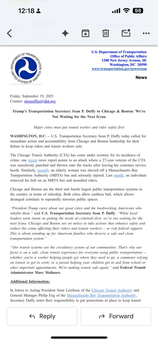 AnitaPadilla32's tweet photo. It looks like President Donald Trump, and Secretary of Transportation Sean Duffy are concerned about the rising crime on the CTA. 

The agency now has 14 days to explain what they’re doing to keep riders safe.
“ To hold these agencies accountable, Secretary Duffy has requested that both transit agencies submit written reports within 14 days, that:
*Identify what actions have been taken and are being taken by the transit agency to deter crime, stop fare evasion, and provide a clean environment for passengers riding its transit system, and in turn, return public confidence in CTA’s transit system. 
*Summarize all sources of funds for fiscal year 2025 and 2026 relating to security, safety, and any funds from Federal agencies, including any Department of Homeland Security funds.”