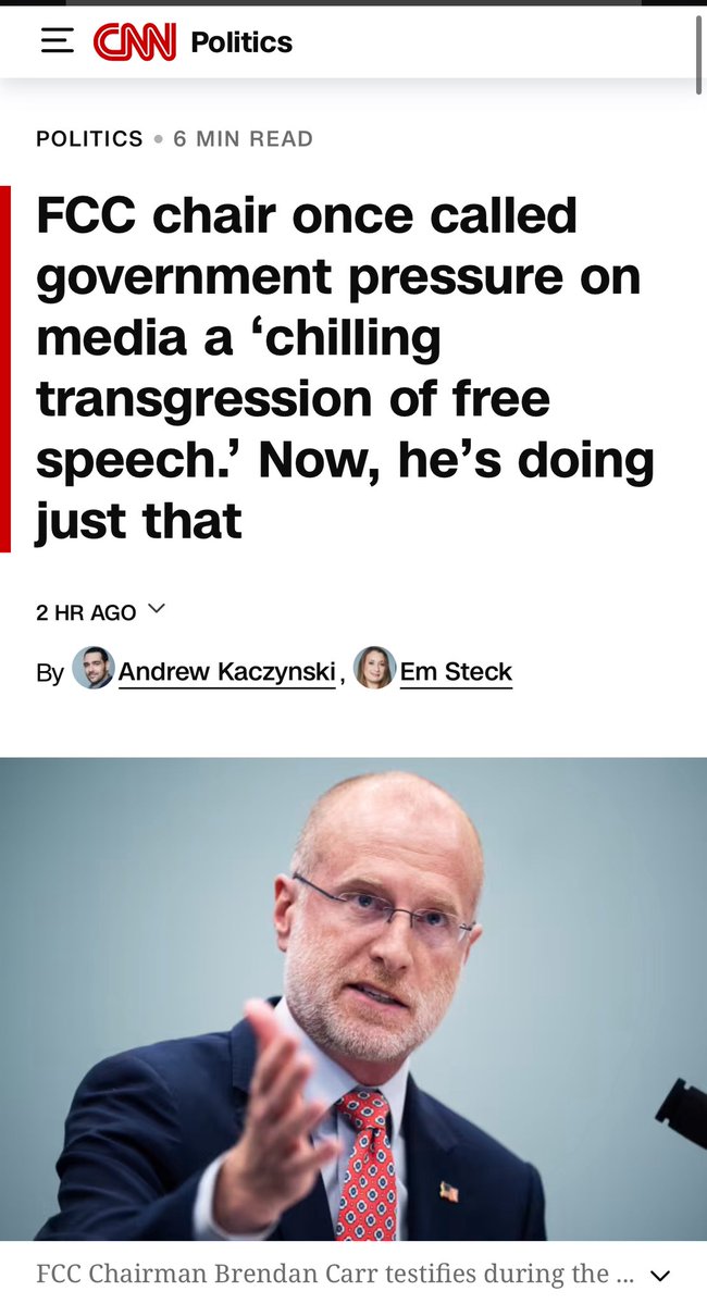 FCC Chair Brendan Carr claims to champion “free speech,” yet he’s leaned on regulatory threats to silence critics—pressuring ABC affiliates to pull Jimmy Kimmel off air, hinting at license revocations, and targeting shows like The View unless they conform. When power comes with