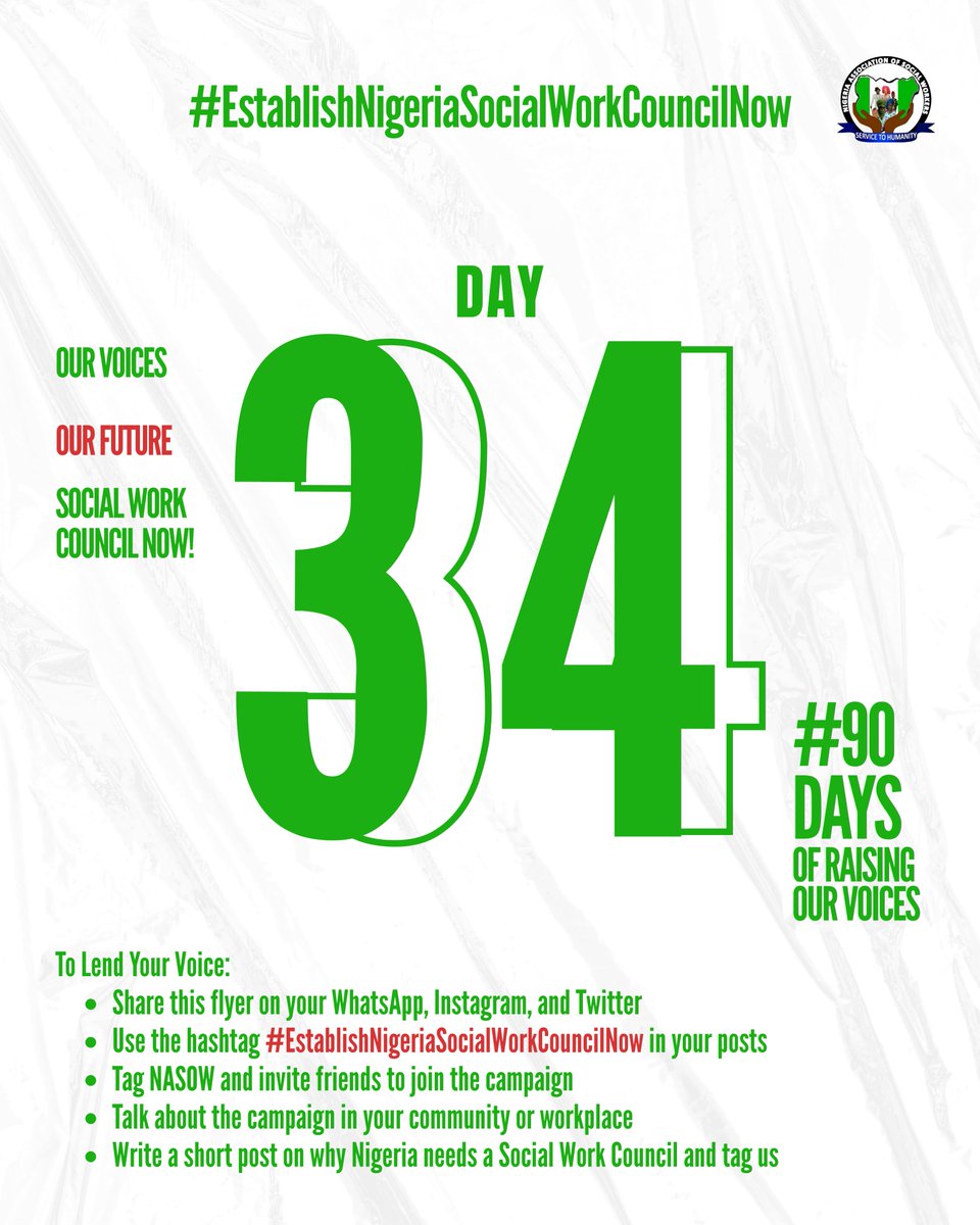 NGSocialWorkers's tweet photo. 📢 Advocacy Day 34 - Social Work in Nigeria

✅ A Council will regulate the profession
✅ Ensure licensing &amp; standards
✅ Safeguard the dignity of our work @officialABAT #kolade 
#EstablishNigeriaSocialWorkCouncilNow https://t.co/n2Ys9LjxwP
