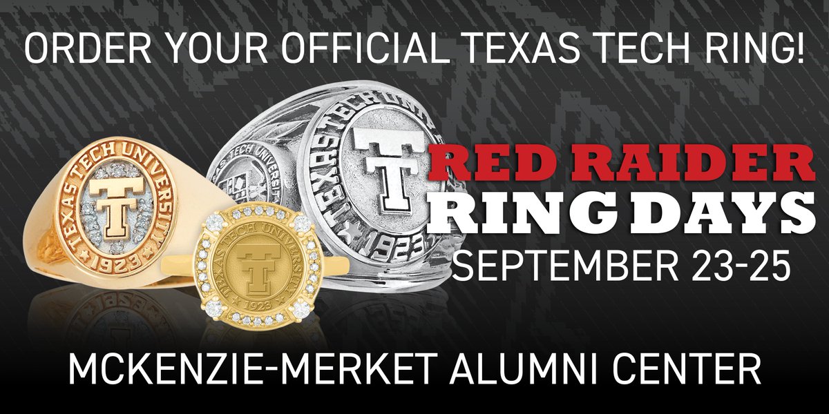 TTUAlumniAssoc's tweet image. Stop by the McKenzie-Merket Alumni Center from 9 a.m.- 4:30 p.m. Tuesday through Thursday and view ring styles and get sized for your official Texas Tech ring! It’s a great way to remember your time at Tech and bear your banner far and wide. #OneOfUs 💍❤️