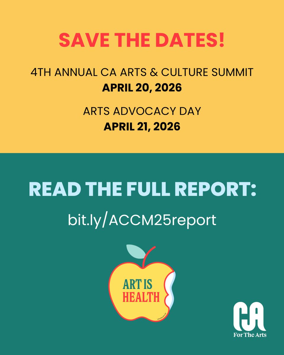 CAfortheArts's tweet photo. Our ACCM 2025 Report is now available for download! Read this report and delve into "Health, Healing” & Hope" the powerful theme that shaped ACCM 2025, dive into highlights from our social media campaigns, and see our statewide impact through county and city proclamations and kickoff events.

Plus, get a full recap of the 2025 Arts & Culture Summit and Arts Advocacy Day, and discover the lasting mark we made on California’s cultural and civic landscape.

If you don’t see your county represented on our ACCM 2025 map of activations—including the Arts & Culture Summit, Arts Advocacy Day, launch events, proclamations, or ACCM celebrations you hosted—please contact nefesha@caforthearts.org so we can update the map.
