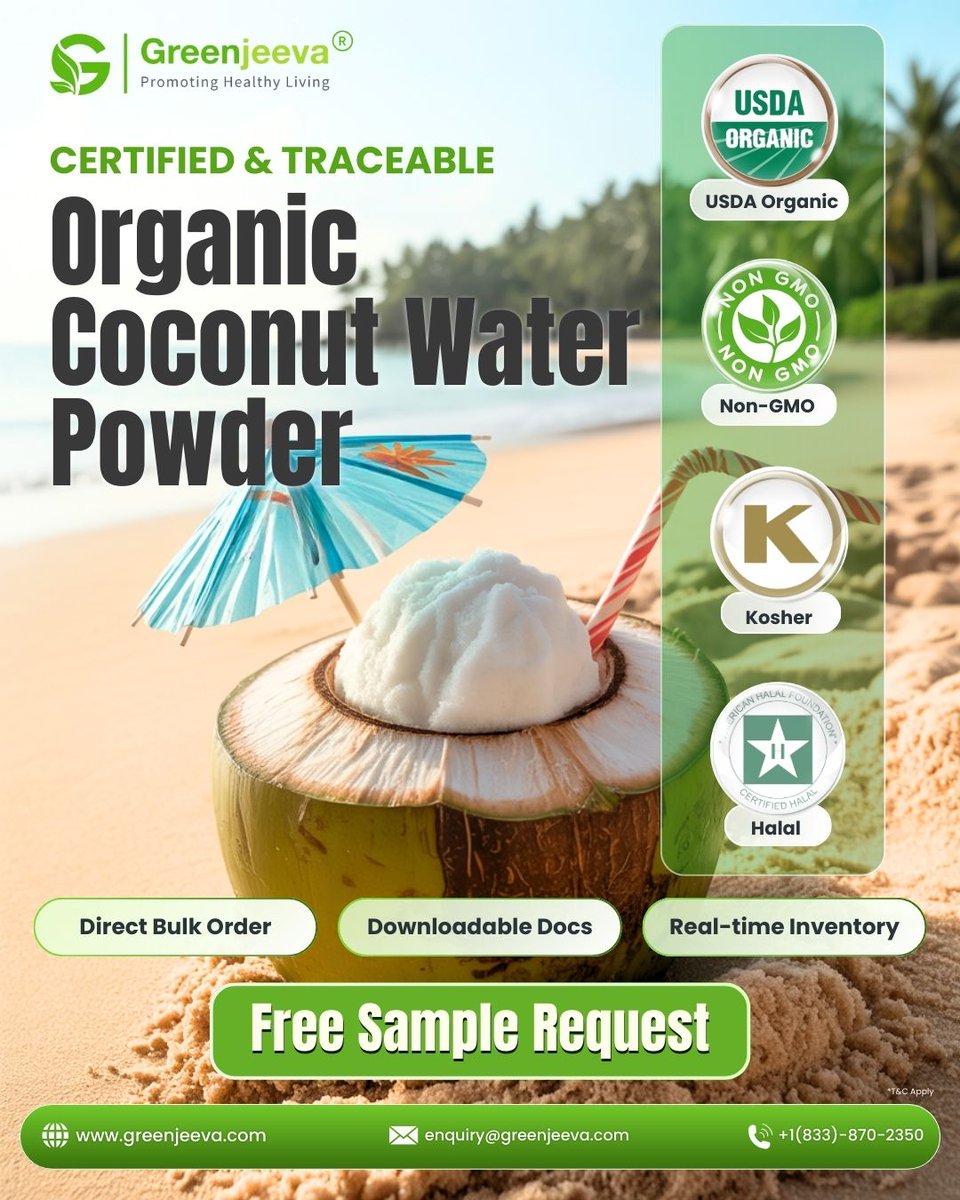GreenJeeva's tweet image. Need clean, certified coconut water powder? We’ve got USDA Organic, Non-GMO, Kosher &amp;amp; Halal — bulk orders, free samples and full compliance docs.

Know more: greenjeeva.com/product/organi…

#OrganicCoconutWaterPowder #CoconutPowder #CleanLabelIngredients #USDAOrganicIngredients