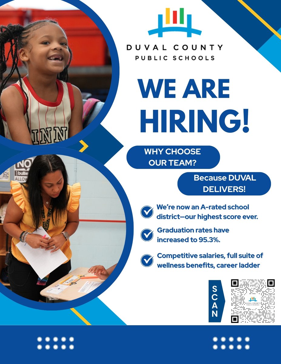 DuvalSchoolsHr's tweet photo. Behind every student success story is a teacher, a mentor, a role model. That’s why we’re hiring.

Be part of the team that makes futures possible with @DuvalSchools.
👉 https://t.co/kHNoadpGi9
#TeamDuval #WeAreHiring https://t.co/vvL7x5ITrV