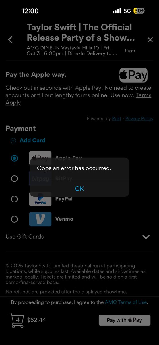 I’m glad some people are able to get tickets, all I’m getting is this error. #TSLifeOfAShowgirl #AMCTheatres <a href="/AMCTheatres/">AMC Theatres</a> <a href="/taylorswift13/">Taylor Swift</a> <a href="/taylornation13/">Taylor Nation</a>