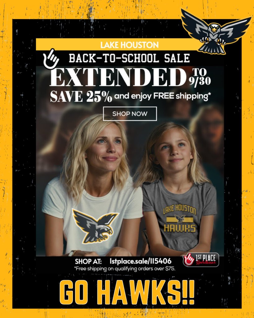 The Lake Houston Back-to-School Sale has been extended! Don’t miss your chance to start the school year in style and save 25% sitewide on all spirit wear. 1stplace.sale/115406