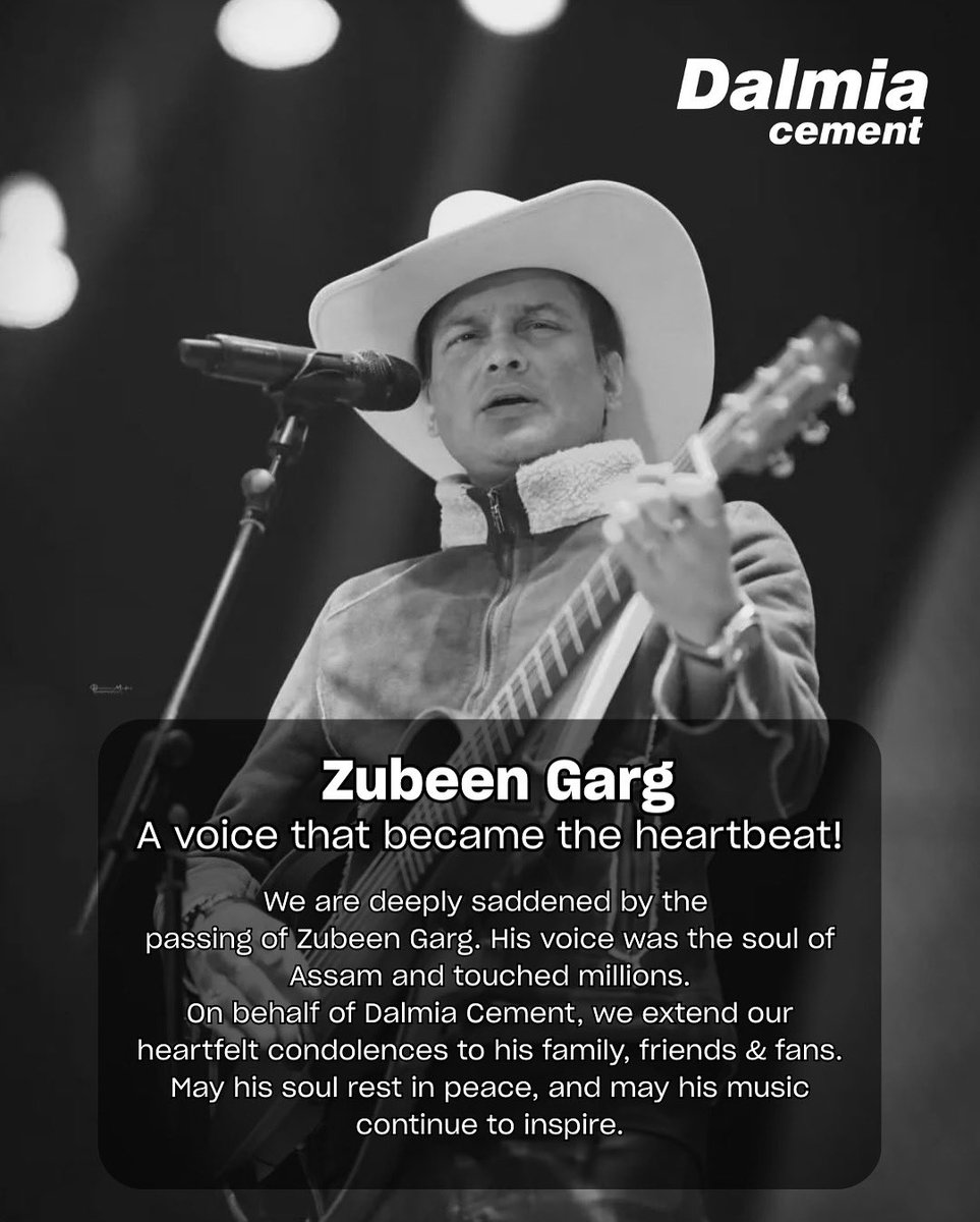 We are deeply saddened by the passing of Zubeen Garg. His voice carried the soul of Assam and touched countless hearts. 

On behalf of Dalmia Cement, we extend our heartfelt condolences to his family, friends, and admirers.

May his soul rest in peace.
 
#DalmiaCement #ZubeenGarg