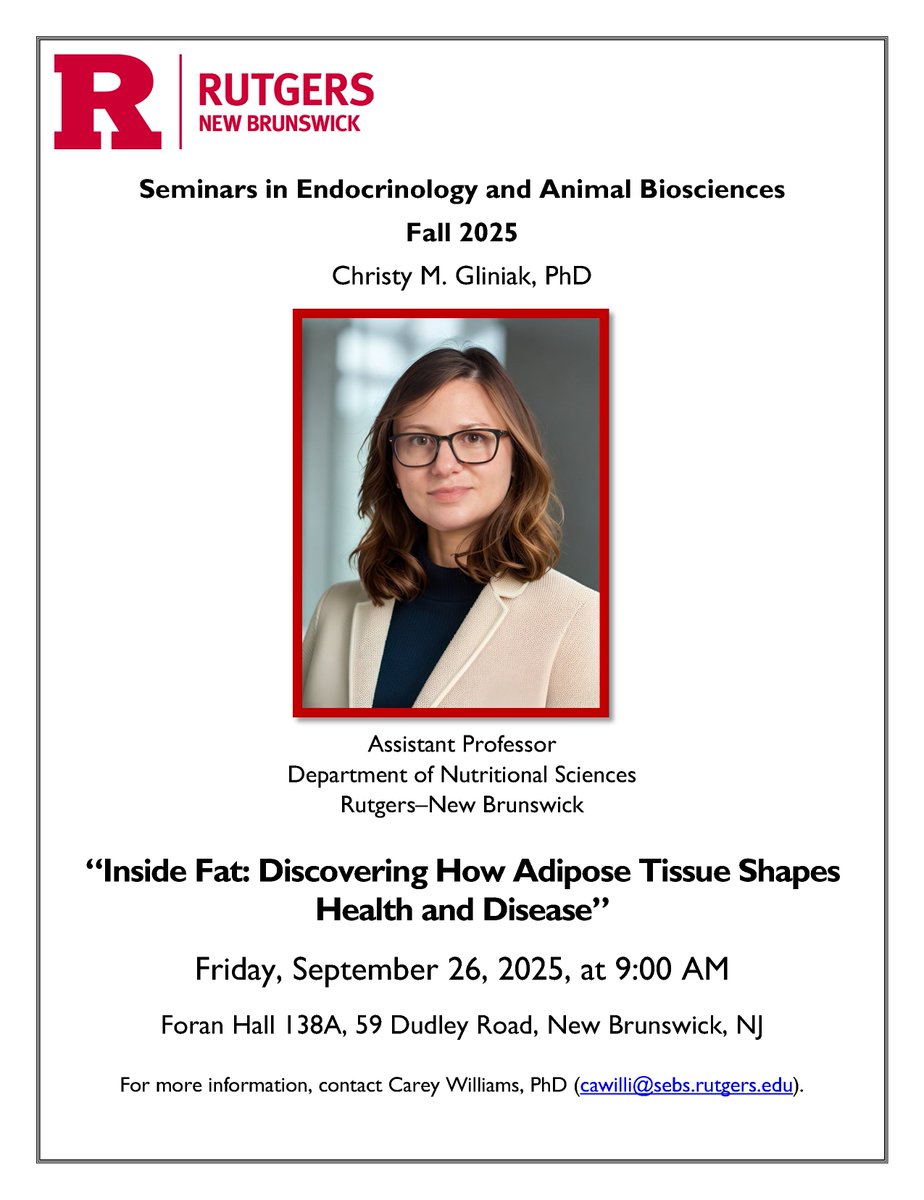 Please join us in person at 9AM next Fri., 9/26, for an EAB Seminar presented by Christy M. Gliniak, PhD, Assistant Professor, Department of Nutritional Sciences, Rutgers. Questions? Email stacey.pontoriero@rutgers.edu.
#animalscience #rutgersuniversity