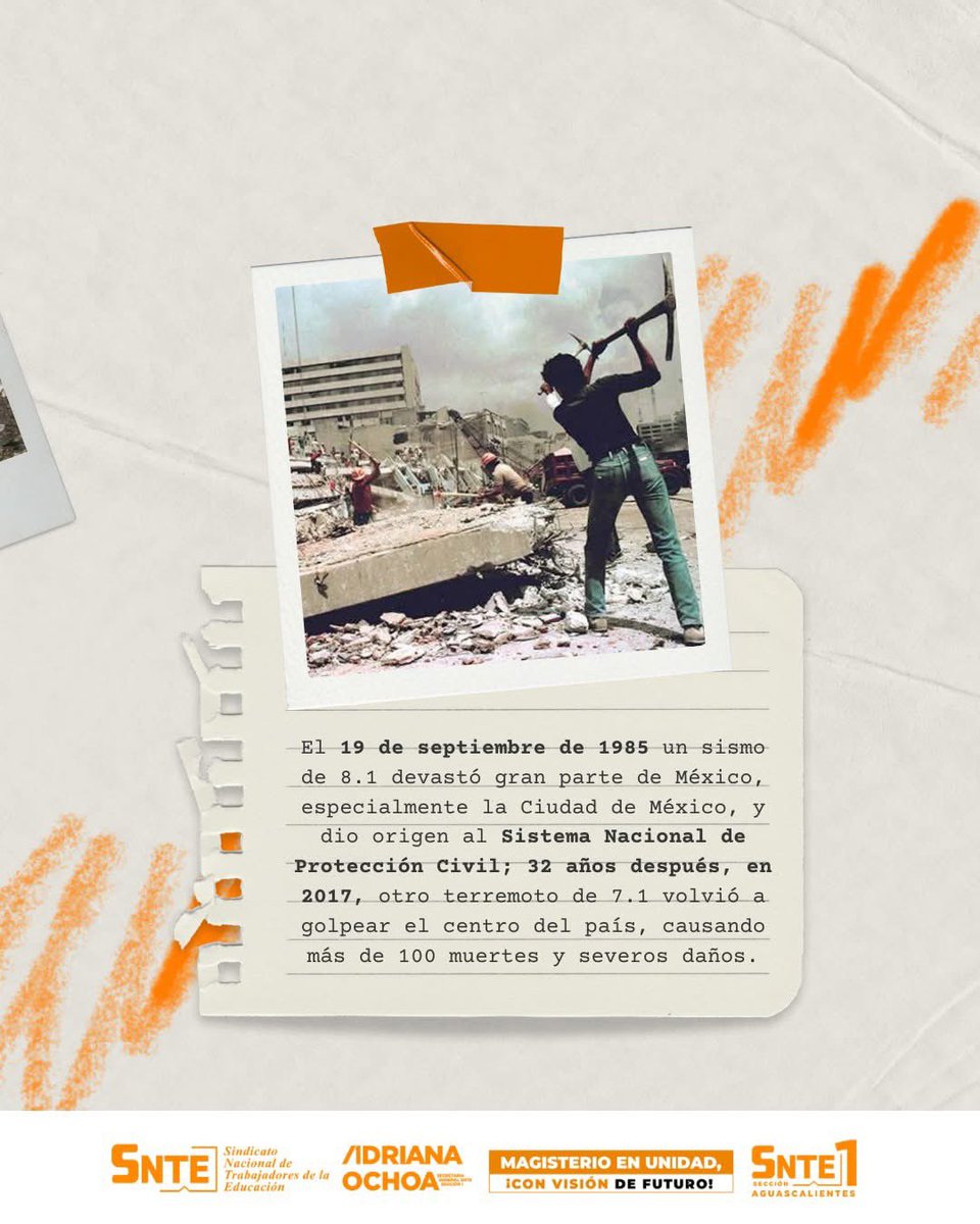 El 19 de septiembre se conmemoran los sismos de 1985 y 2017 que impulsaron la creación del Sistema Nacional de Protección Civil y una mayor cultura de prevención. 

El SNTE reafirma su compromiso con la seguridad escolar e invita a participar hoy, a las 12:00 hrs.