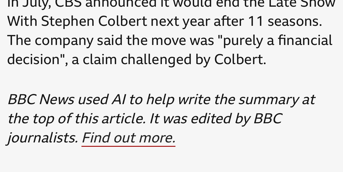 Was reading up on why Jimmy Kimmel had been sacked, and I got to the end of this BBC article and I…. 

This is what people mean when they say AI is stealing peoples jobs