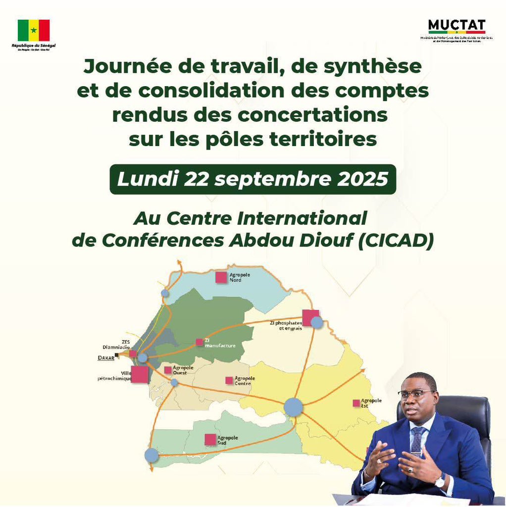 Journée de travail, de synthese et de consolidation des comptes rendus des concertations sur les pôles territoires.
📍 Lieu : CICAD, Diamniadio
🕘 Heure : 9h
📅 Date : Lundi 22 Septembre 2025