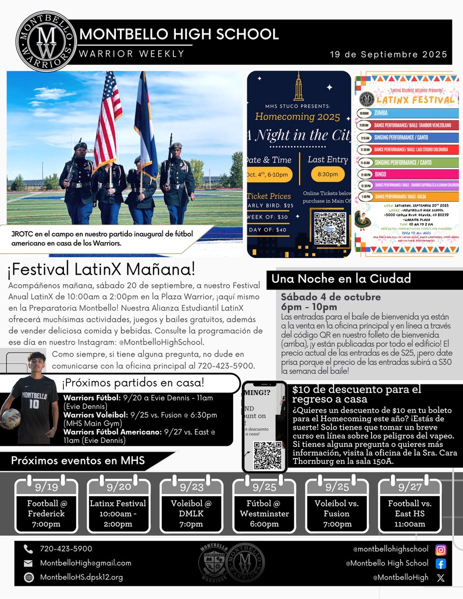 MontbelloHigh's tweet photo. Newest edition of the Warrior Weekly! Don't forget to join us tomorrow - Saturday, September 20th for our LatinX Festival in the Warrior Plaza!! https://t.co/81cShbFdwo