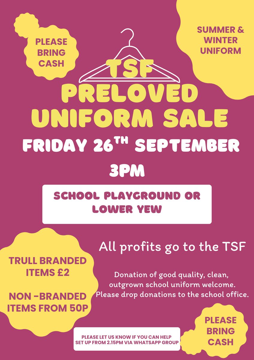Our next sale is Friday 26th September at 3pm - school playground or Lower Yew depending on weather. £2 for Trull Branded and from 50p for unbranded items. Please bring cash.
If you're free to help set up from 2.15pm you also get first pick so do let us know if you're available.