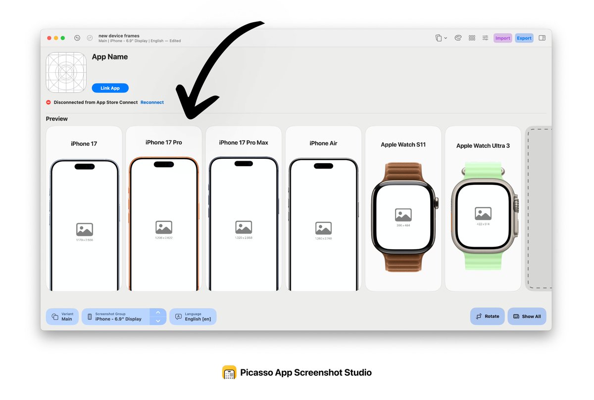 designerants's tweet photo. ALL new iPhone 17 device frames and colors are now in Picasso App Screenshot Studio.

Including Cosmic Orange!

- iPhone Air
- iPhone 17
- iPhone 17 Pro
- iPhone 17 Pro Max
- Apple Watch S11
- Apple Watch Ultra 3 https://t.co/VEXDZvKIF2