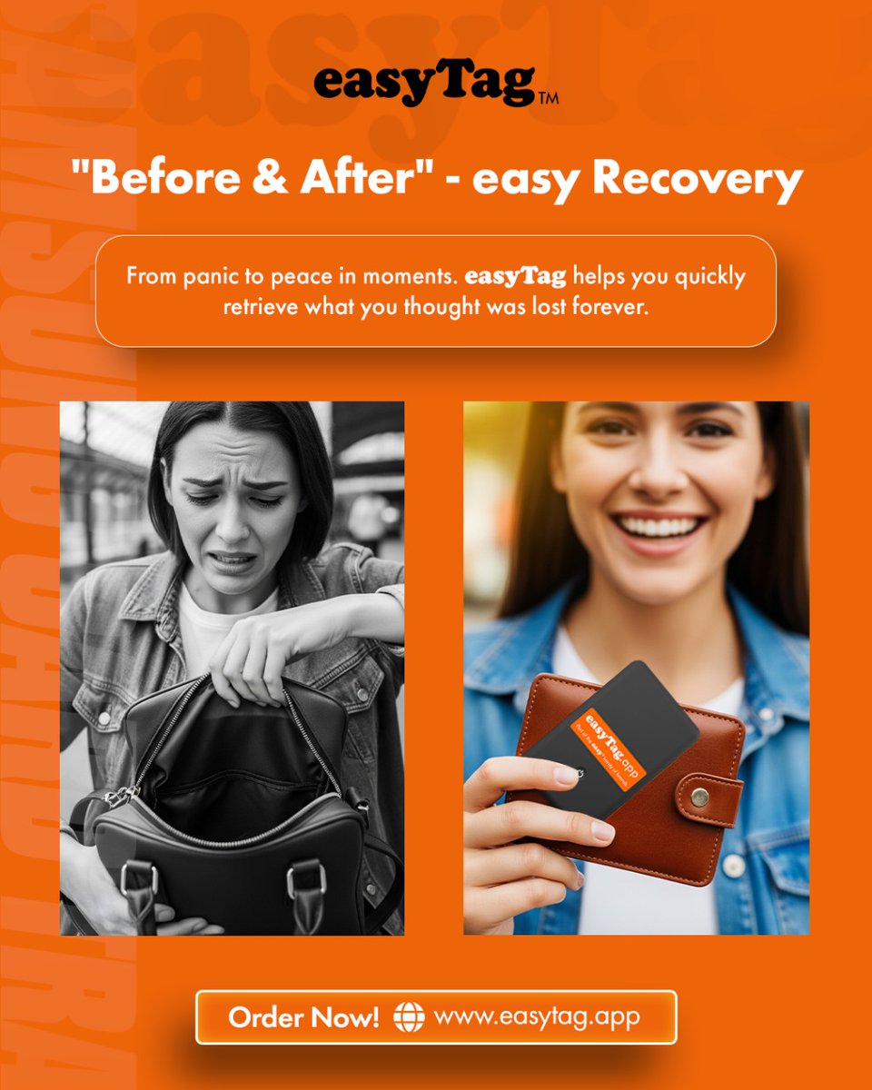 From Panic to Peace in Moments 💛
With easyTag, quickly retrieve what you thought was lost forever. Never stress over misplaced wallets, bags, or essentials again.

✅ Smart Tracking – Locate your belongings in seconds
✅ Instant Alerts – Know the moment your item moves
✅